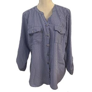 Notations Shirt Womens Plus Size XL Blue White Button Up Rolltab Sleeve Office